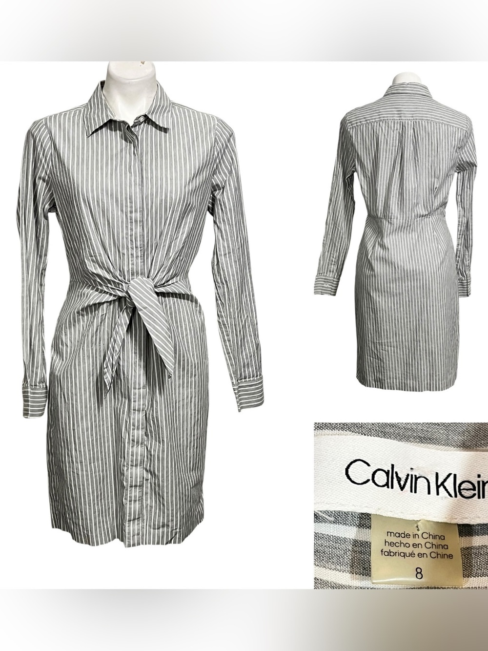 Calvin Klein Shirt Dress Gray/white Striped Tie-Waist 100% cotton office casual